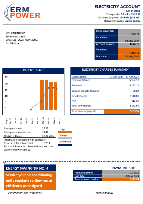 Australia ERM Power electricity proof of address business utility bill template in Word and PDF format